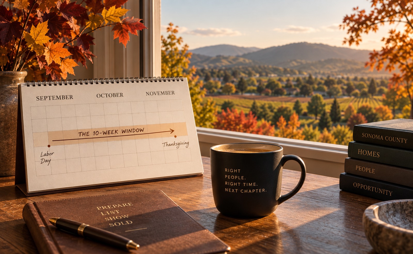 Calendar marking the fall selling window over a Sonoma County vineyard view