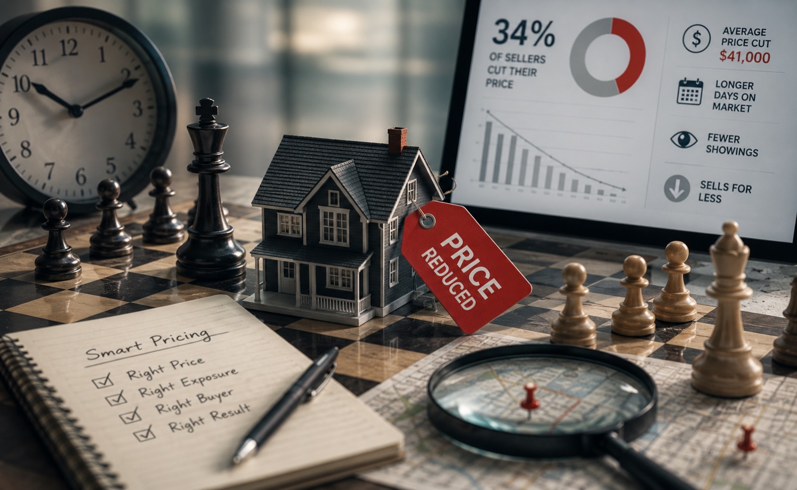 Model home with a Price Reduced tag on a chess board beside pricing strategy notes