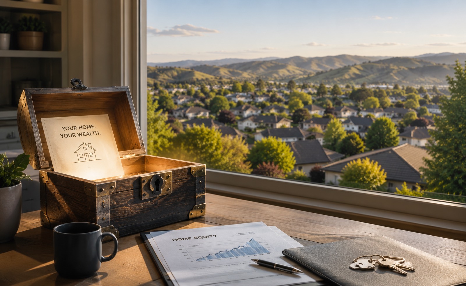 Home equity concept with Sonoma County hills through a window