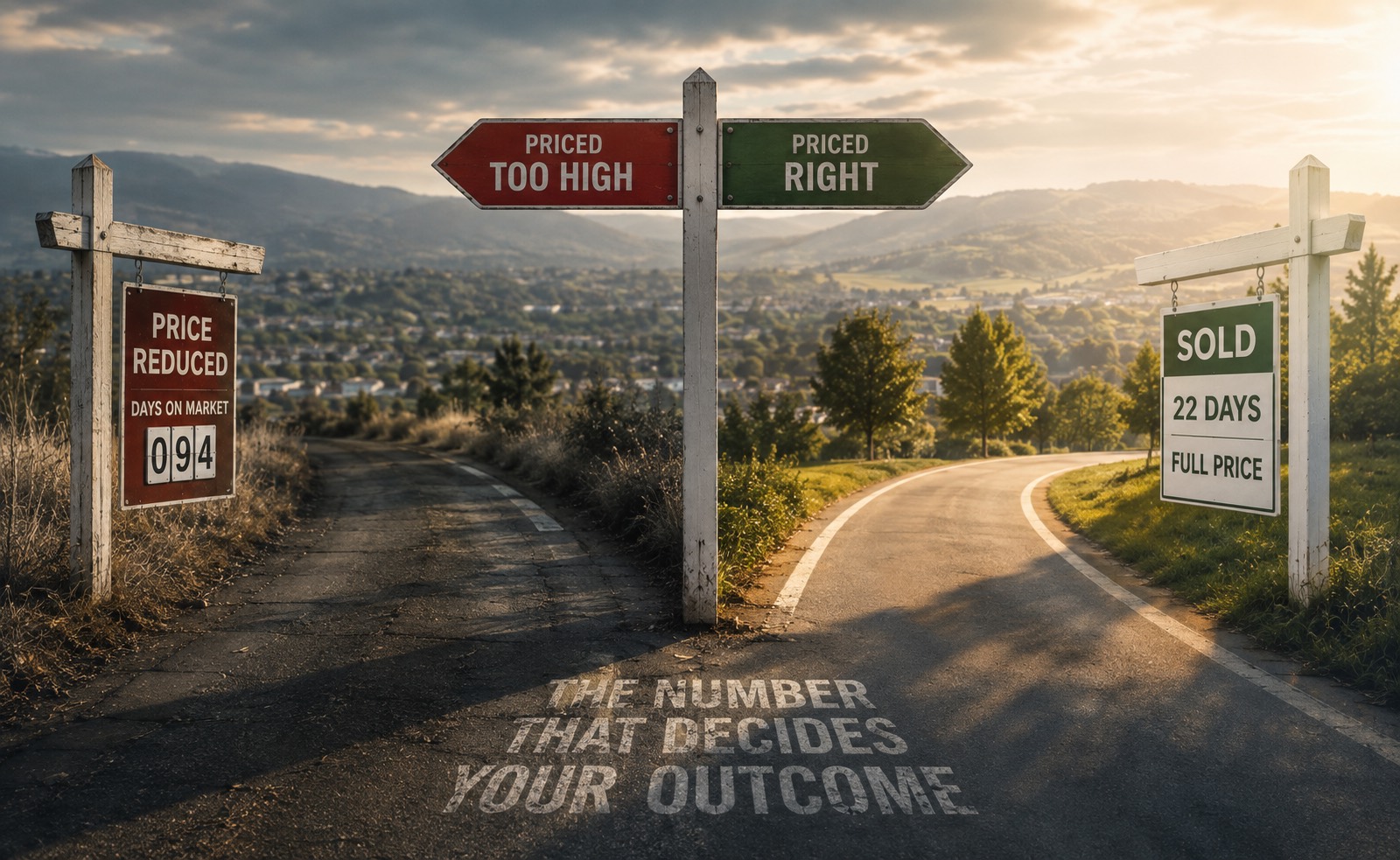 Signpost pointing between priced too high and priced right, with a sold in 22 days sign