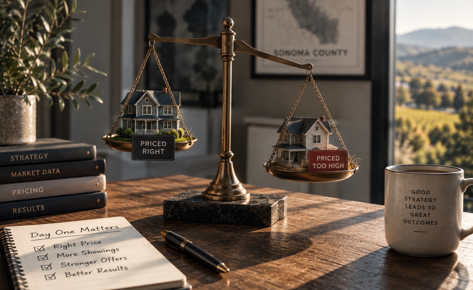 Balance scale weighing a model home marked Priced Right against one marked Priced Too High, with a Sonoma County map behind